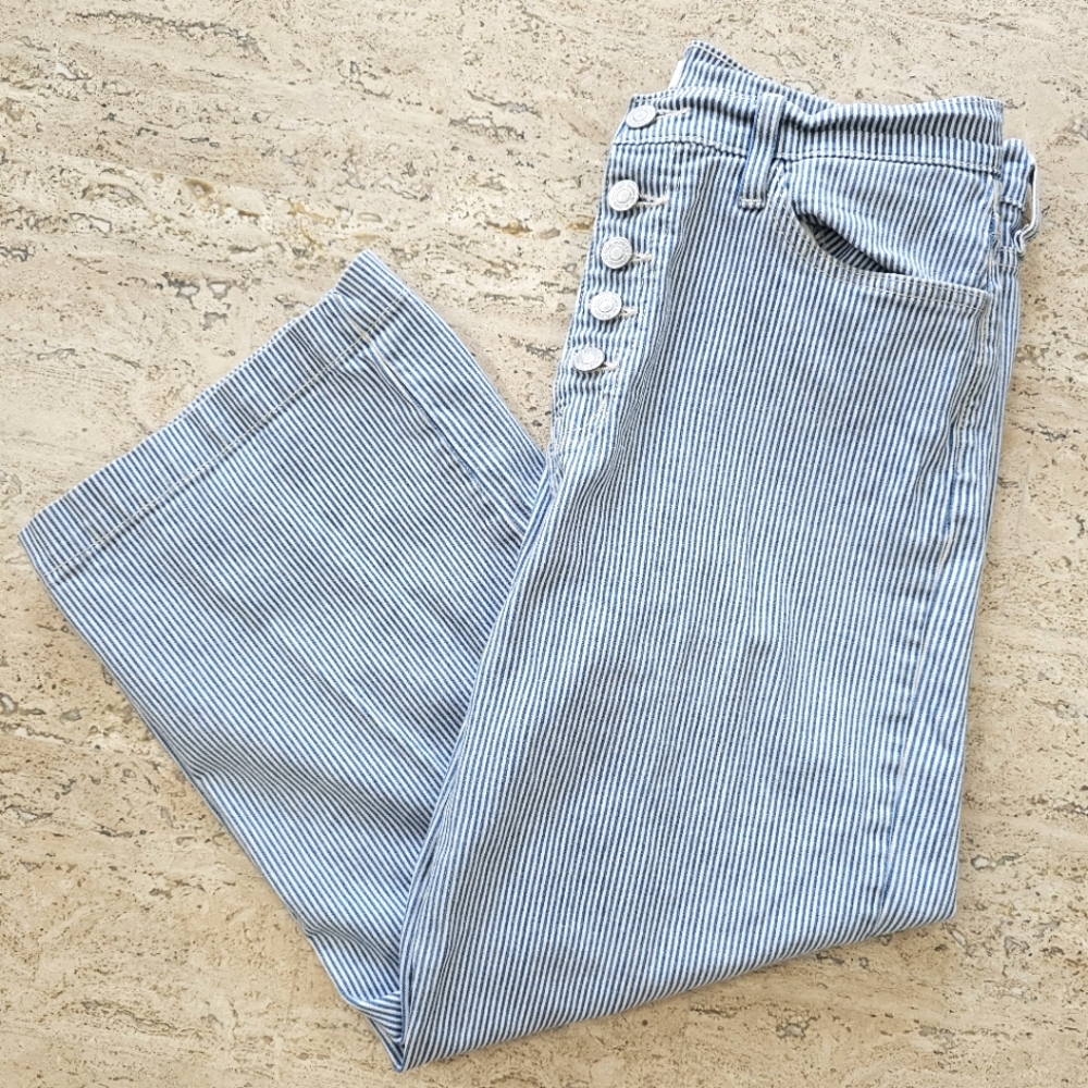 Flying Monkey Blue and White Striped Button Cropped Pants